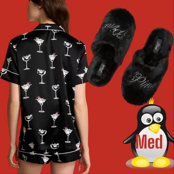 COPY - VICTORIA'S SECRET MED PENGUINSGlazed Satin Short Pajama Set &amp; Slippers