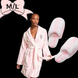 COPY - Victoria’s Secret M/L Pink Striped Cozy Short Robe &amp; Slippers