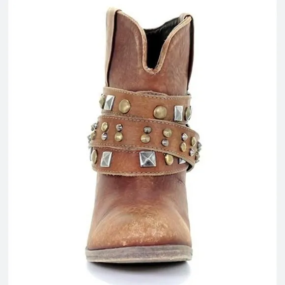 Corral Brown Studded Block Heel Ankle Boots SZ 7.5