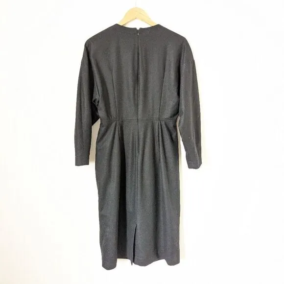 COS black wool blend dropped shoulder barrel sleeve minimalist midi dress