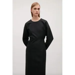 COS black wool blend dropped shoulder barrel sleeve minimalist midi dress
