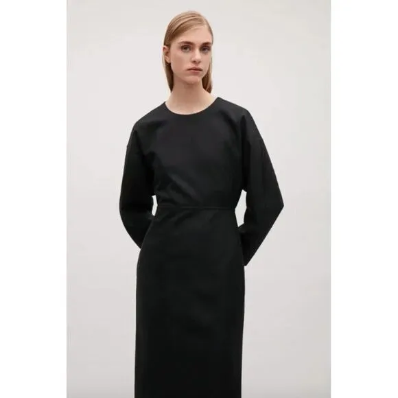 COS black wool blend dropped shoulder barrel sleeve minimalist midi dress