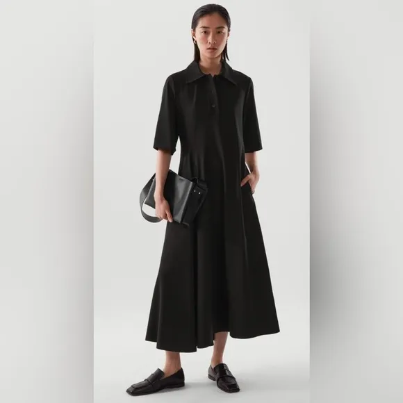 COS Women’s Asymmetric Polo Midi Shirt Dress Black