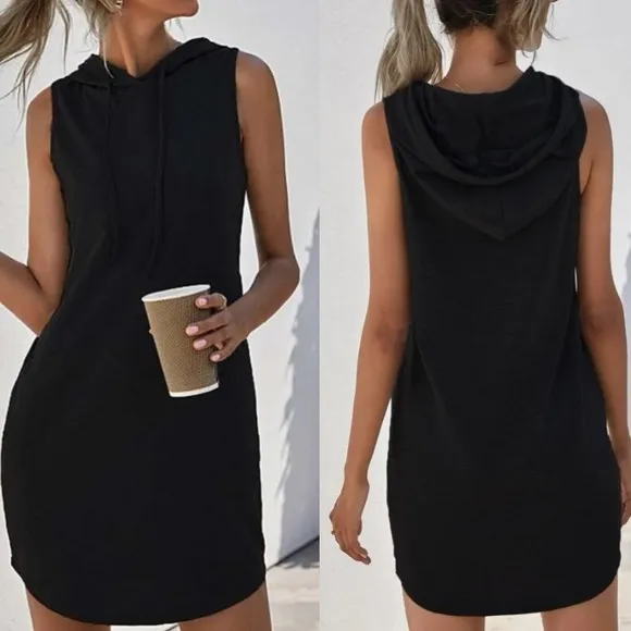 Cozy Black Minimalist Sleeveless Hoodie Casual Dress