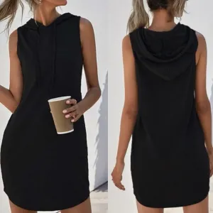 Cozy Black Minimalist Sleeveless Hoodie Casual Dress