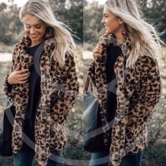 Cozy Camel Leopard Print teddy open front Jacket Coat