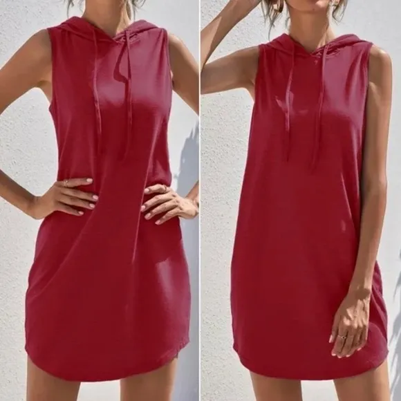 Cozy Dusty Pink Minimalist Sleeveless Hoodie Casual Dress