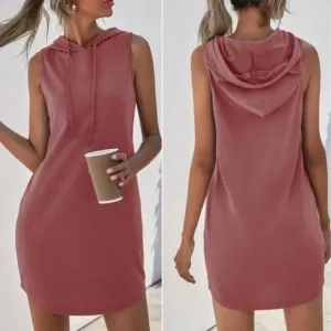 Cozy Dusty Pink Minimalist Sleeveless Hoodie Casual Dress