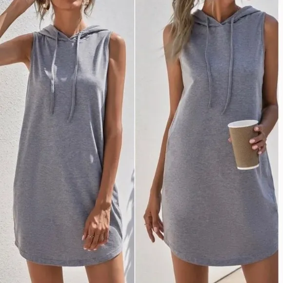 Cozy Gray Minimalist Sleeveless Hoodie Casual Dress