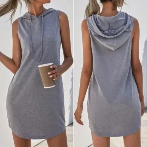 Cozy Gray Minimalist Sleeveless Hoodie Casual Dress