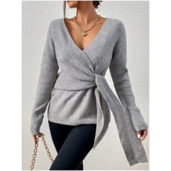 Cozy Gray Side Knot Sweater Top minimalist casual womens