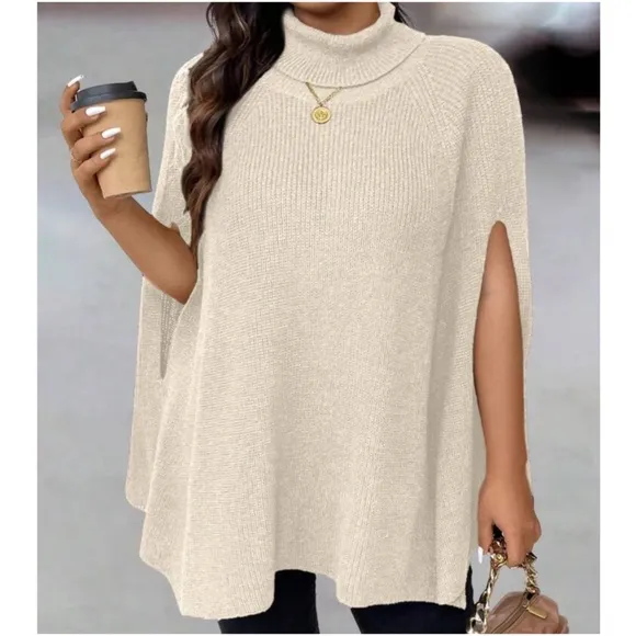 Cozy Ribbed Turtleneck Minimalist Poncho Sweater Top