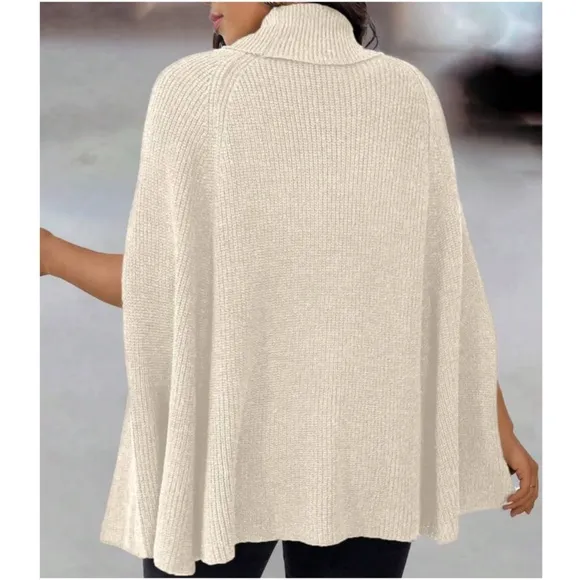 Cozy Ribbed Turtleneck Minimalist Poncho Sweater Top