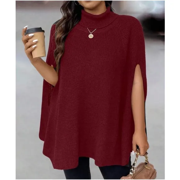 Cozy Ribbed Turtleneck Minimalist Poncho Sweater Top