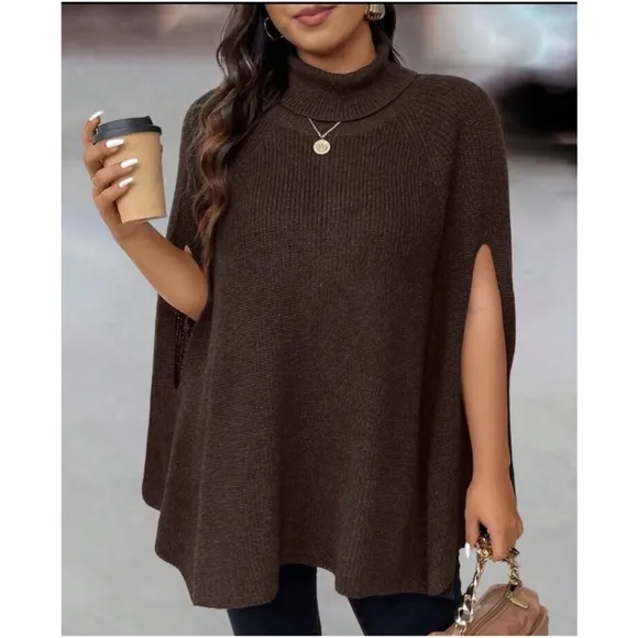 Cozy Ribbed Turtleneck Minimalist Poncho Sweater Top