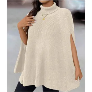 Cozy Ribbed Turtleneck Minimalist Poncho Sweater Top