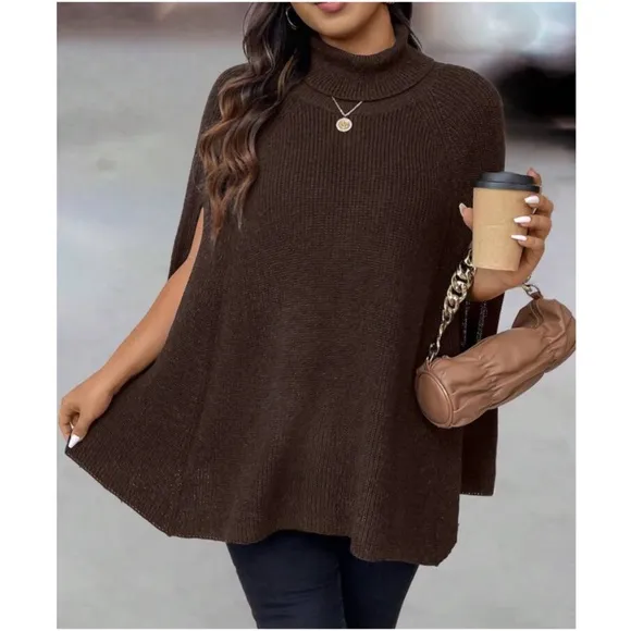 Cozy Ribbed Turtleneck Minimalist Poncho Sweater Top