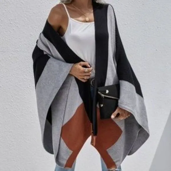 Cozy Grey Black Oversized Open front Shawl Poncho
