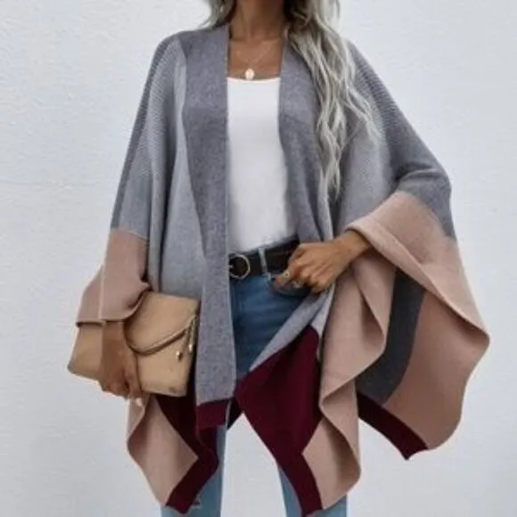 Cozy Grey Black Oversized Open front Shawl Poncho