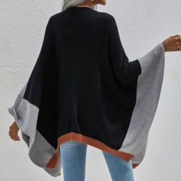 Cozy Grey Black Oversized Open front Shawl Poncho