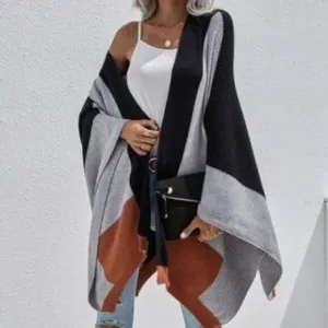 Cozy Grey Black Oversized Open front Shawl Poncho