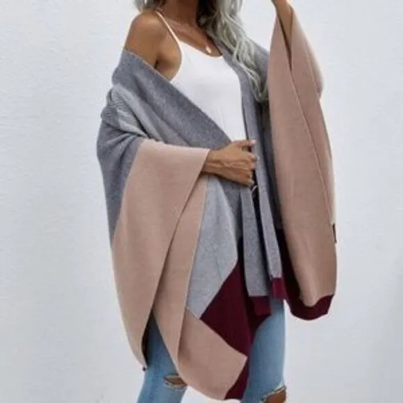 Cozy Grey Black Oversized Open front Shawl Poncho