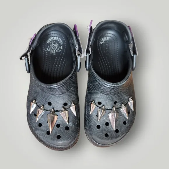 Crocs Black Panther Kids Black and Purple Shoes with Silver Accents size 3 J3