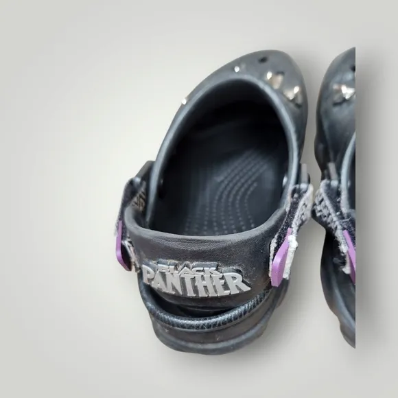 Crocs Black Panther Kids Black and Purple Shoes with Silver Accents size 3 J3