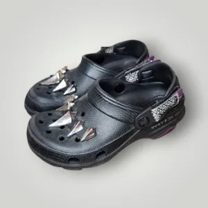 Crocs Black Panther Kids Black and Purple Shoes with Silver Accents size 3 J3