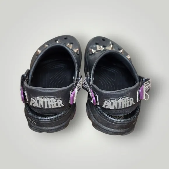 Crocs Black Panther Kids Black and Purple Shoes with Silver Accents size 3 J3