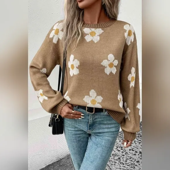 Daisy Flower Knit Minimalist Pullover Classic Long Sleeve Sweater Retro Shirt