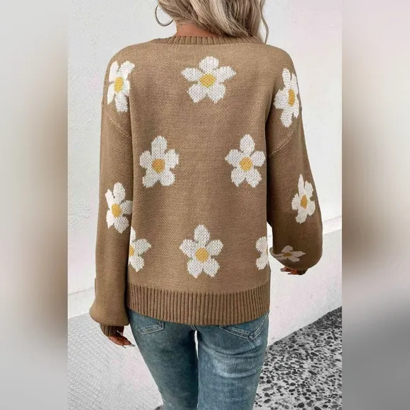 Daisy Flower Knit Minimalist Pullover Classic Long Sleeve Sweater Retro Shirt