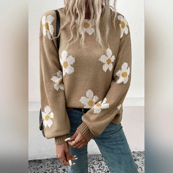 Daisy Flower Knit Minimalist Pullover Classic Long Sleeve Sweater Retro Shirt