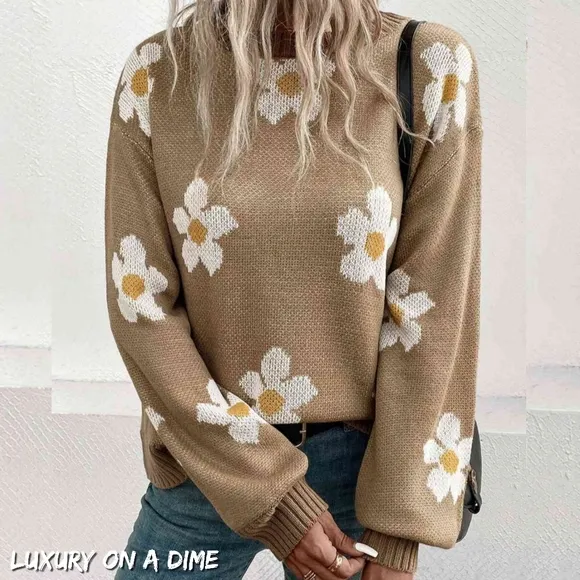 Daisy Flower Knit Minimalist Pullover Classic Long Sleeve Sweater Retro Shirt