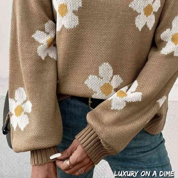 Daisy Flower Knit Minimalist Pullover Classic Long Sleeve Sweater Retro Shirt