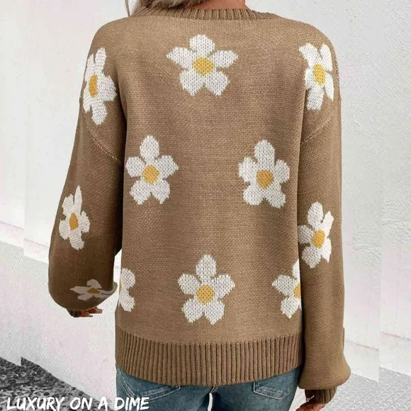 Daisy Flower Knit Minimalist Pullover Classic Long Sleeve Sweater Retro Shirt