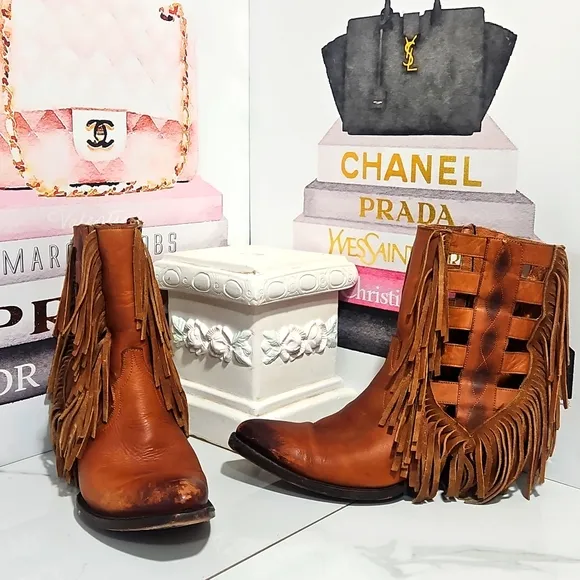 Dan Post Leather Ankle Boots With Fringe