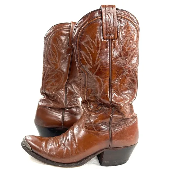 Dan Post Men Size 9 Brown Leather Western Cowboy Boot Metal Toe Tip Plate 6611