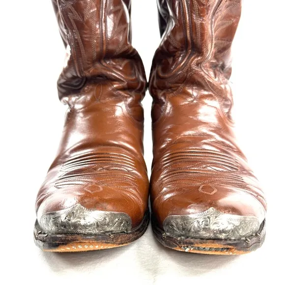 Dan Post Men Size 9 Brown Leather Western Cowboy Boot Metal Toe Tip Plate 6611