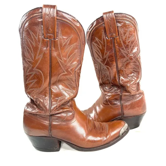 Dan Post Men Size 9 Brown Leather Western Cowboy Boot Metal Toe Tip Plate 6611