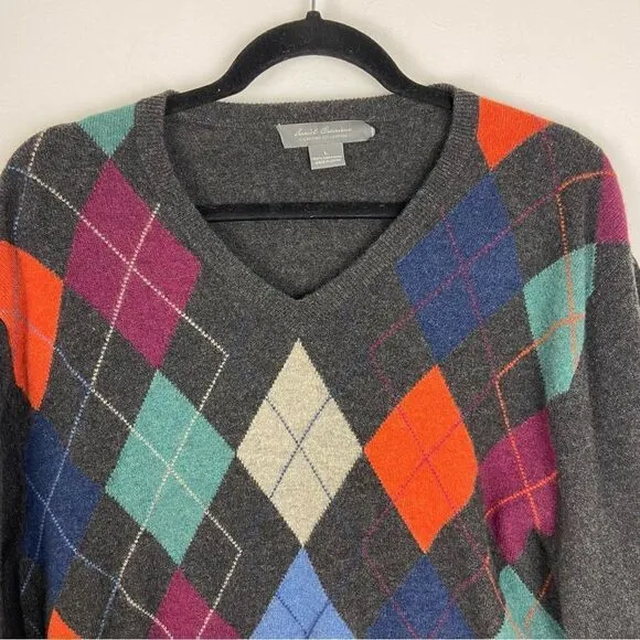 Daniel Cremicieux Men’s 100% Cashmere Sweater V-neck Argyle Quiet Luxury Large