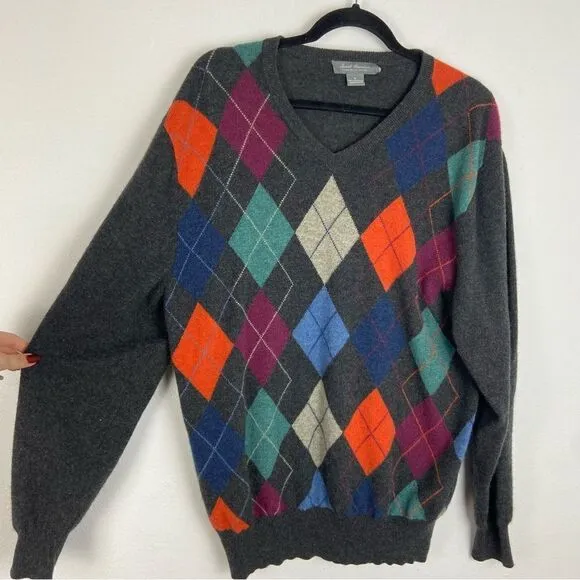 Daniel Cremicieux Men’s 100% Cashmere Sweater V-neck Argyle Quiet Luxury Large