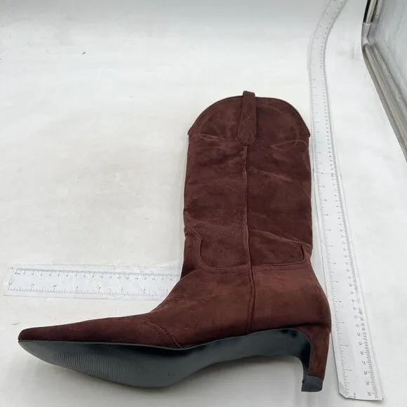 Dark Saddle Brown Women Vintage Square Toe Kitten Heel Cowboy Knee High Boots