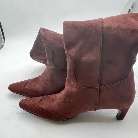 Dark Saddle Brown Women Vintage Square Toe Kitten Heel Cowboy Knee High Boots