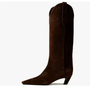 Dark Saddle Brown Women Vintage Square Toe Kitten Heel Cowboy Knee High Boots