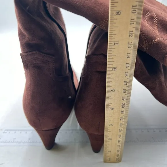 Dark Saddle Brown Women Vintage Square Toe Kitten Heel Cowboy Knee High Boots