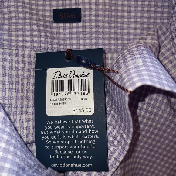 David Donahue NWT Cotton Slim Fit Classic Preppy Purple/White Check Shirt