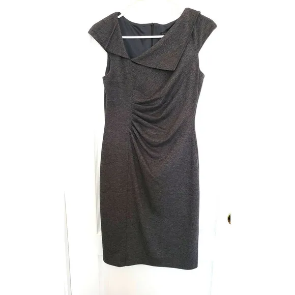 David Meister Dress,‎ Grey Asymmetrical Ruched, Sz 2