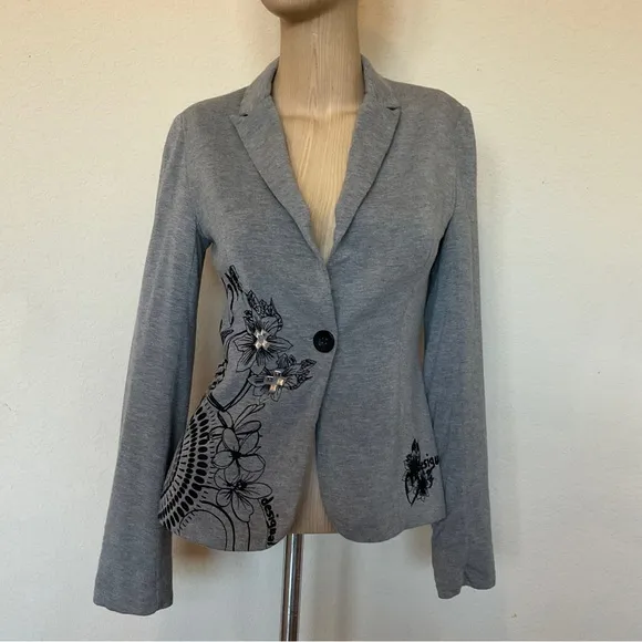 Desigual VERY RARE Embellished Pop Art Knit and Velvet Blazer Grey EU 36 / US 2
