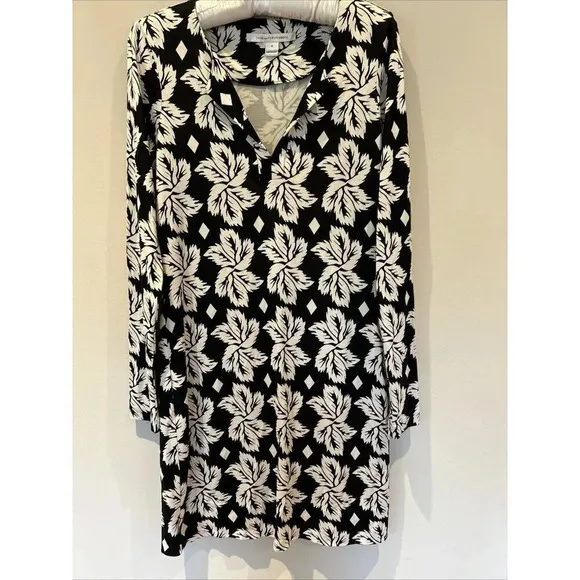 Diane Von Furstenberg Classic Luxury Abstract Leaf Silk Knit Shift Dress Sz 8